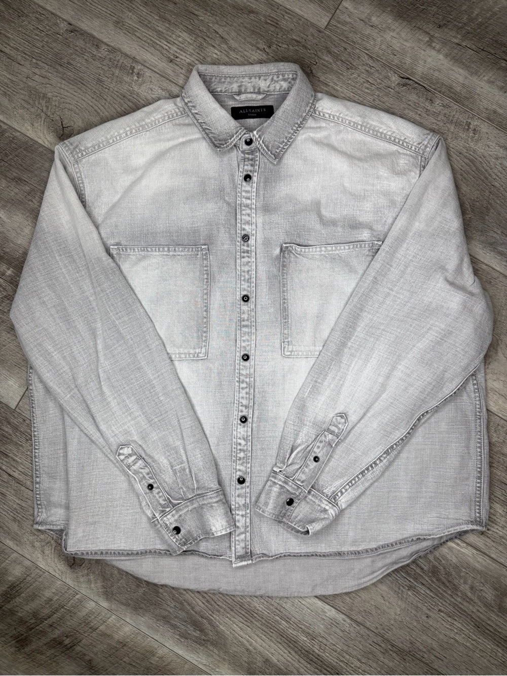 All Saints Men's Washed Light Gray Denim Button-Down Shirt
